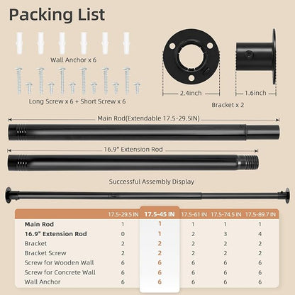 STORAGE MANIAC Closet Rods for Hanging Clothes 17.5 to 45 Inches Heavy Duty Stepless Adjustable Closet Hanging Rod 1.2 Inch Diameter Metal Closet Rod for Wardrobe Bathroom Bedroom Laundry RV, Black