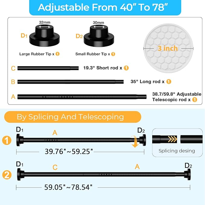 MEXAU Black Tension Curtain Rod 40-78 Inch Long Tension Rod 1.26" Spring Tension Curtain Rod Adjustable Curtain Rods No Drilling Tension Shower Rod Curtain Tension Rod for Bathroom Windows Doorways