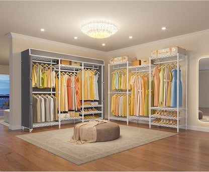 VIPEK V5C Portable Bedroom Armoires Wardrobe Closet with Cover, Heavy Duty Adjustable Clothing Rack, White Metal with Grey Oxford Fabric, 68.9" Lx15.7 Wx76.4 H