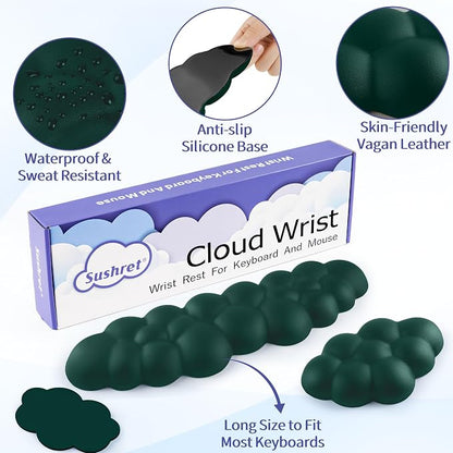 Sushret Cloud Wrist Rest Keyboard, Cloud Keyboard Wrist Pad Set with PU Leather Memory Foam, Cute Arm Rest for Palm Support, PC/Gaming Desk Accessories/Office Setup/Computer Hand Cushion - Dark Green