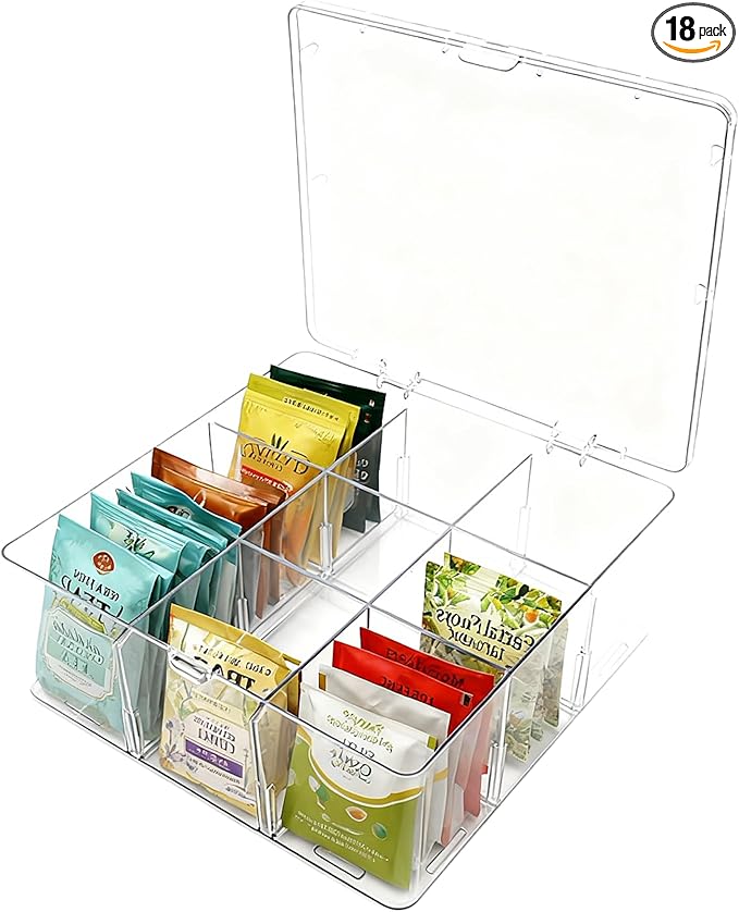 Acrylic Tea Bag Organizer with Lid, 9-Grid Clear Storage Box with Removable Dividers, Plastic Drawer Organizer for Tea Bags, Office Supplies, Closet, Socks, Dresser Drawers
