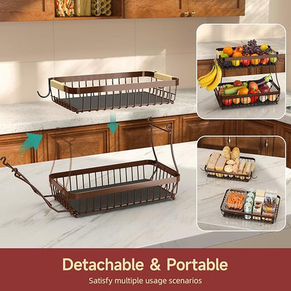 Sevenblue 2 Tier Large Fruit Basket for Kitchen Counter with 2 Mobile Banana Hangers, 2026 Pro Detachable Metal Fruit Bowl with Wooden Handle (Brown, 2 Tier)