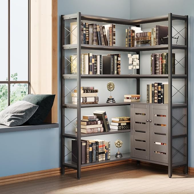 Wildhome 6-Shelf Corner Bookshelf, Vintage Industrial Corner Shelf Etagere Bookcase, Large Book Shelf with Metal Frame Open Storage Corner Cabinet (Black-Lockers)