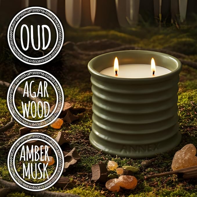 Annex Oud & Agarwood Luxury Scented Candle - Handmade Ceramic Jar - 50hr Clean Burn, Non-Toxic Soy Wax - Aesthetic Home Decor Winter Gift for Men & Women - Sandalwood & Amber