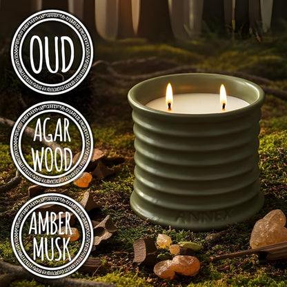 Annex Oud & Agarwood Luxury Scented Candle - Handmade Ceramic Jar - 50hr Clean Burn, Non-Toxic Soy Wax - Aesthetic Home Decor Winter Gift for Men & Women - Sandalwood & Amber