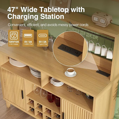 Fluted Buffet Cabinet with Storage, Modern Coffee Bar Cabinet with Outlet, Removable Wine Rack, Multi-Functional Accent Liquor Cabinet for Living Room, Entryway, Kitchen, Natural