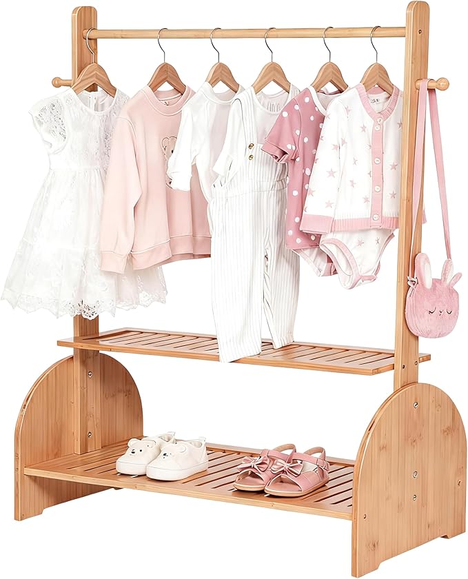 Kids Clothing Rack with Adjustable Rods, Children Clothes Garment Rack for Kids Baby Pet, Kids Dress Up Rack with 2 Bottom Shelves, Kids Wardrobe Closet for Toddlers Nursery (Natural)