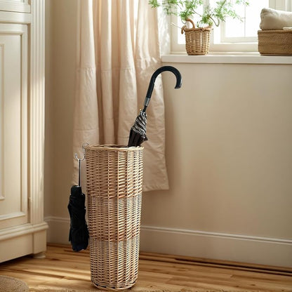 Natural Rattan Umbrella Stand for Entryway, 21.2H x 9.4L x 9.4W, Detachable Drip Tray & 2 Metal Hooks – Storage for Umbrellas, Canes & Walking Sticks, Stylish Home Decor