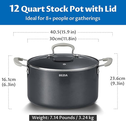 12 Quart Nonstick Stock Pot with Lid, BEZIA Ceramic Big Soup Pot for Holiday Feasts, Cooking Pot with Stay-Cool Silicone Handle, Easy Cleanup, Perfect for Large Gatherings, Gift Giving & Batch Cooking