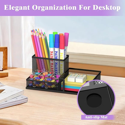 SUPEASY Pen Holder Desk Organizer, 2Pack Office Supplies Pencil Holder with 3 Compartments, Desk Accessories and Workspace Organizers for Home School, Black