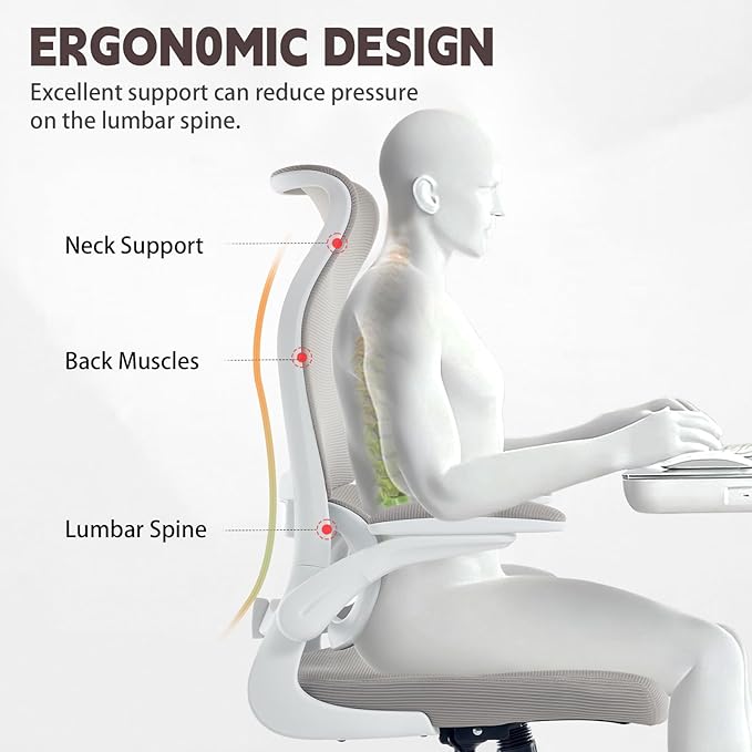 Ergonomic Office Chair, High Back Breathable Mesh Computer Desk Chair with Adjustable Lumbar Support and Flip-Up Armrests, 300LB Capacity Executive Swivel Task Gaming Seat for Home and Office (White)