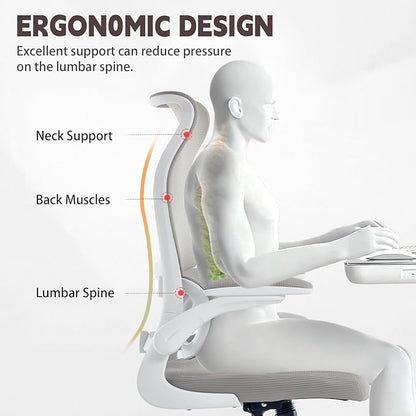 Ergonomic Office Chair, High Back Breathable Mesh Computer Desk Chair with Adjustable Lumbar Support and Flip-Up Armrests, 300LB Capacity Executive Swivel Task Gaming Seat for Home and Office (White)
