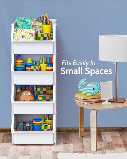 Skywin Stackable Storage Bins Open Front for Pantry Storage, 4 Pack - White | Sturdy Plastic, Easy Stacking, Open Front Access, Ventilated Sides, Vertical & Space Saving Pantry Organizers and Storage Bin
