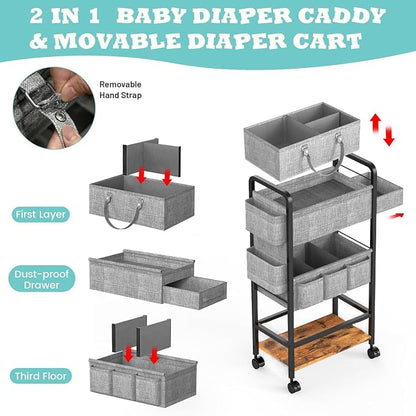 LIDTOP 2In1 Baby Diaper Caddy & 4-Tier Rolling Diaper Cart, Diaper Caddy Organizer Cart with Dividers & Drawer, Mobile Metal Bedside Cart for Nursery Essentials Storage, Large Capacity