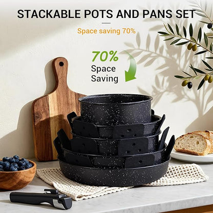 Ammeloo 21 Pcs Pots and Pans Set Non Stick, Ceramic Kitchen Cookware Set with Detachable Handle, Non Toxic Cooking Set for Kitchen, RV, Camping and Fridge, Induction Ready, Dishwasher/Oven Safe, Black