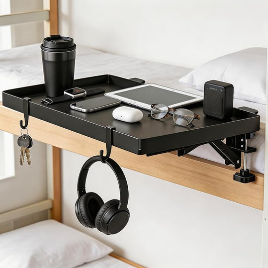 Foldable Bedside Shelf for Bunk Beds, Heavy Duty Metal Clip-On Nightstand Tray, 12.6 x 9.25 Inch Loft Bed Side Table with Cord Hole, Dorm Room College Essentials, Black
