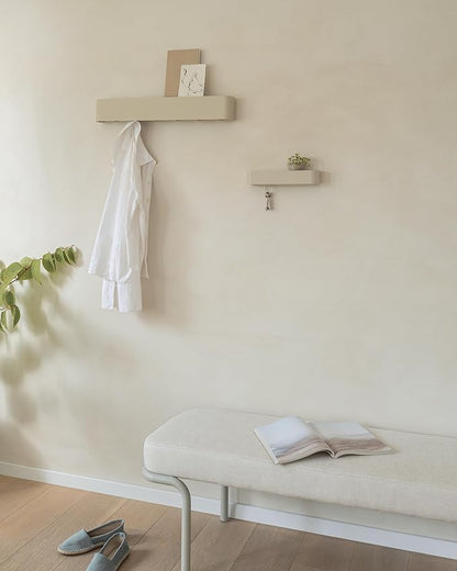 Kazai.® Coat Rack Wall Mount with Shelf 'Tone' | Modern Design Coat Hanger with Hidden Hooks and Storage | Hat Rack with Shelf in Metal | Wall-Mounted Purse Organizer | Taupe