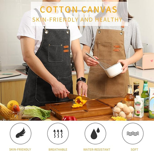 Tosewever Canvas Cross Back Chef Cotton Aprons for Men Women with Large Pockets