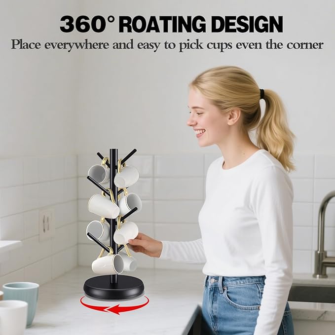 Bamboo Mug Holder Tree - Upgraded 360° Rotating 8 Hooks Coffee Cup Rack, Sturdy No-Tool Assembly Counter Organizer for Mugs, Jewelry & Accessories, Eco-Friendly Wood Stand(Black)