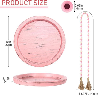 5 Pcs Rustic Country Tabletop Centerpieces Decor Set of 3 Boho Ceramic Vases with Wooden Serving Tray Wood Bead Garland Tassels Table Holder for Home Decorations (Pink)