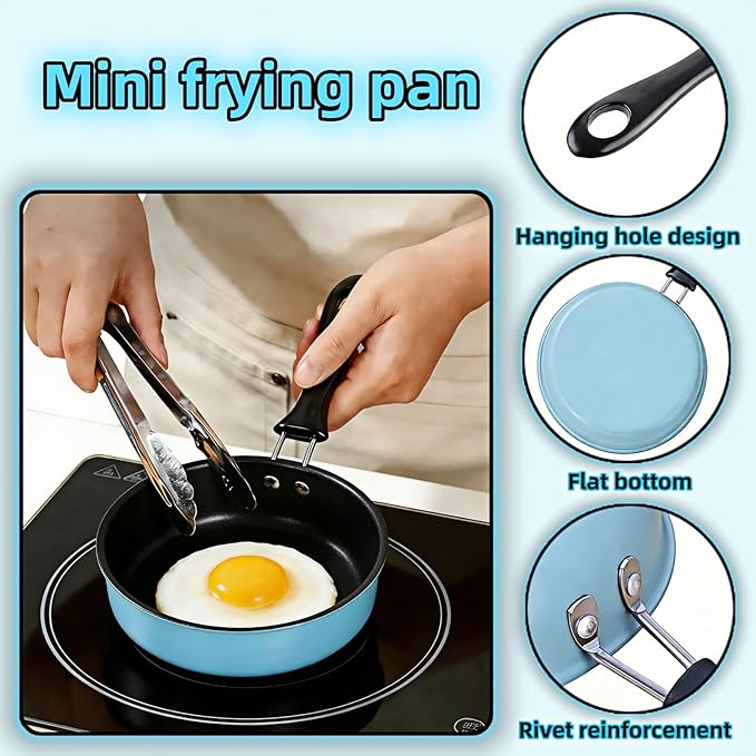 4.7 Inch Mini Frying Pan, Black Non-Stick Egg Pan with Hanging Hole, Flat Bottom Design for Gas, Induction, Electric Stove, Perfect for Single Serve Breakfast, Omelets & Camping, RV Use (Blue)