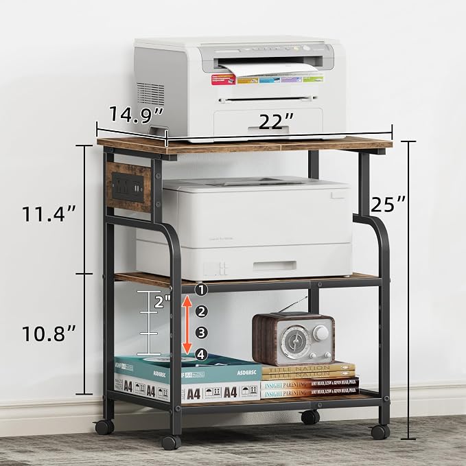 YAOHUOO 3 Tier Large Printer Stand with Power Outlet/Adjustable Shelf | 22"x15" Large Top,Fit 2-3 printers,Rolling Cart with Wheels,Table for Home Office,Fit 3D Printer/Heat Press/Laser,Brown