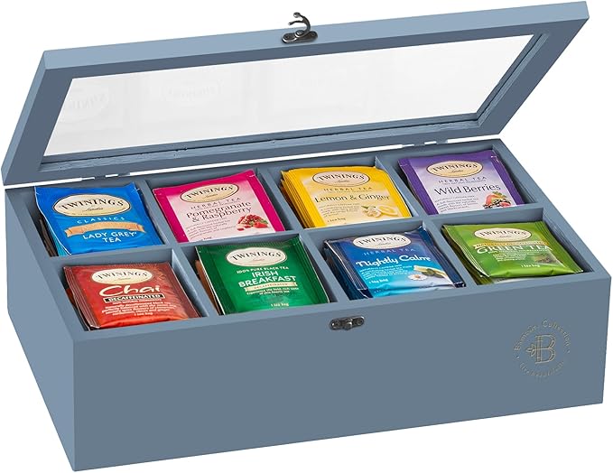 Tea Bag Organizer with Drawer - Gray Bamboo Tea Box Organizer, 8-Compartment Tea Storage Box with Acrylic Lid and Magnetic Closure, Tea Box for Kitchen Counter, Gifts for Mom, Wife, Tea Lovers (Grey)