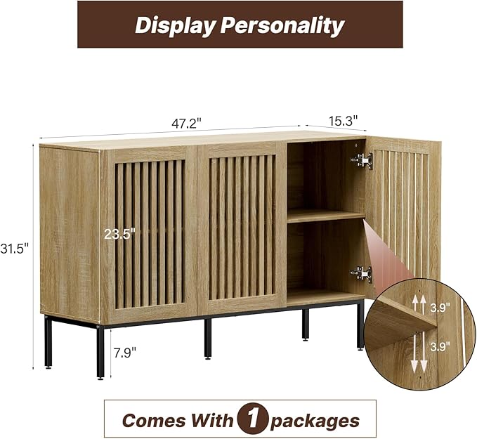 Buffet Cabinet with Storage,47" Farmhouse Console Table with Metal Base and Adjustable Shelves,Sideboard Coffee Bar Cabinet with 3 Doors for Kitchen,Dining Room,Living Room,Oak