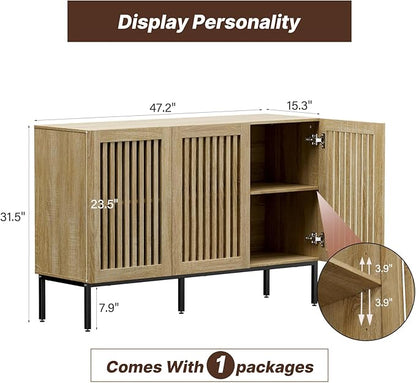 Buffet Cabinet with Storage,47" Farmhouse Console Table with Metal Base and Adjustable Shelves,Sideboard Coffee Bar Cabinet with 3 Doors for Kitchen,Dining Room,Living Room,Oak