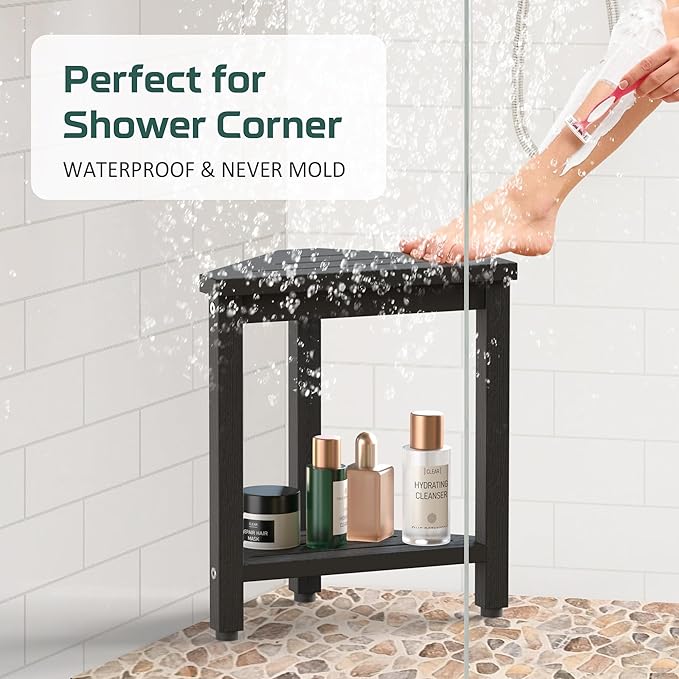 Shower Foot Rest 14in, HDPE Waterproof Shower Stool for Inside Shower, Corner Shower Stool for Shaving Legs with Storage Shelf, Shower Step Stool for Small Space, Plastic Corner Shower Bench, Black