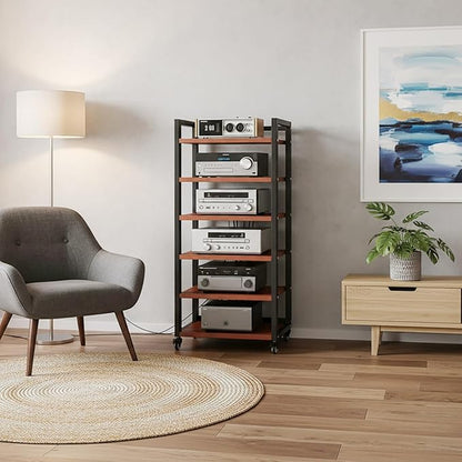 6 Tier AV Media Stand, 47in Audio Rack Tower Stereo Components Cabinet, Home Theatre CD Record Player Stereo Receiver Equipment Rack with Adjustable Wood Shelves, Load 400lbs (Teak Brown)