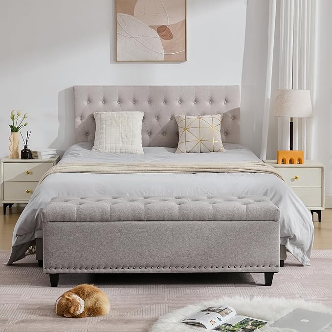 Tbfit 50.8“ Large Ottoman Storage Bench for Bedroom, Oversized Tufted Upholstered Entryway Benches End of Bed, Rectangle Dorm Foot Stool with Safety Hinge & Solid Wood Legs, Loads 660 lb, Light Gray