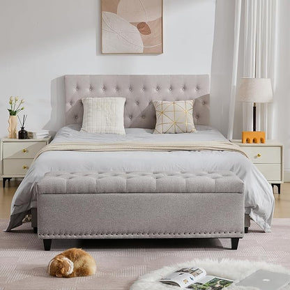 Tbfit 50.8“ Large Ottoman Storage Bench for Bedroom, Oversized Tufted Upholstered Entryway Benches End of Bed, Rectangle Dorm Foot Stool with Safety Hinge & Solid Wood Legs, Loads 660 lb, Light Gray