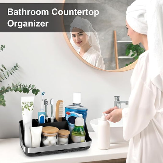 GFWARE Black Toothbrush Holder - 7 Slots Bathroom Organizer Countertop with Drainage Matte Black Electric Toothbrush and Toothpaste Holder for Bathroom Accessories Sink Storage