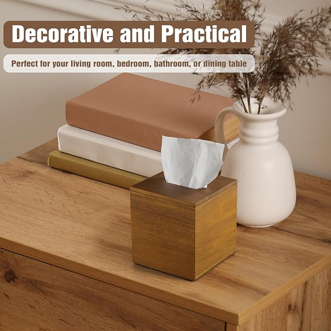 Dreamkey Acacia Wood Tissue Box Cover, Square Tissue Box Holder with Removable Top Lid, Solid Wooden Tissue Box Dispenser for Bathroom, Bedroom, Office