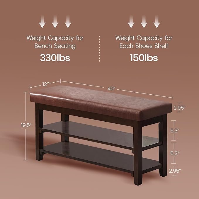 40" Shoe Bench with Leather Cushion, 2-Tier Shoe Rack Entryway Bench, Wood Bench for Front Door Entrance, Mudroom, Hallway, Wooden Shoe Shelves, Shoe Organizer, Shoe Storage, Brown
