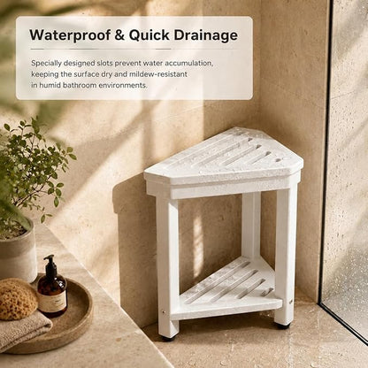 Shower Foot Rest 15 in, Acacia Shower Stool for Shaving Legs,Corner Bath Shower Bench with Starage Shelf for Inside Small Shower Spaces - White