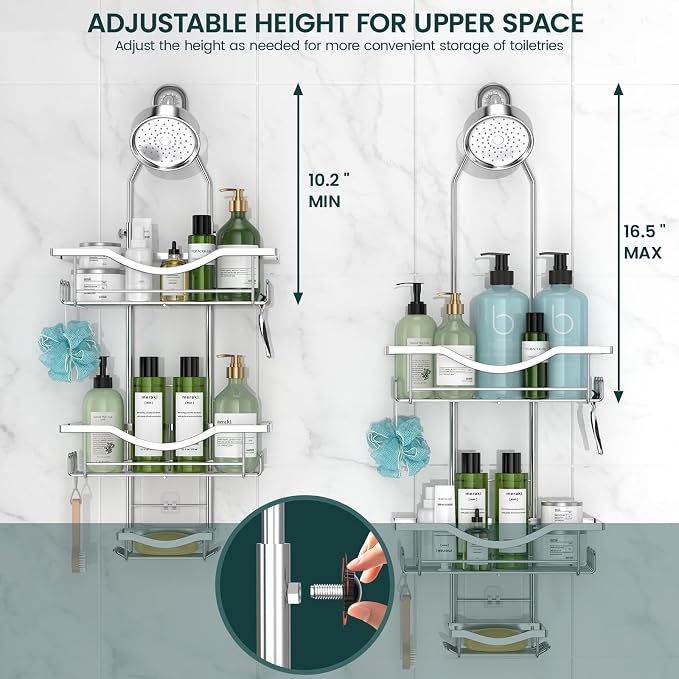 Shower Caddy Hanging Adjustable Shower Caddy, Rustproof Shower Organizer Extended Length Showers Caddy Over Shower Head with Hooks Soap Holder, Large Capacity Anti-Swing Bathroom Organizer, Silver