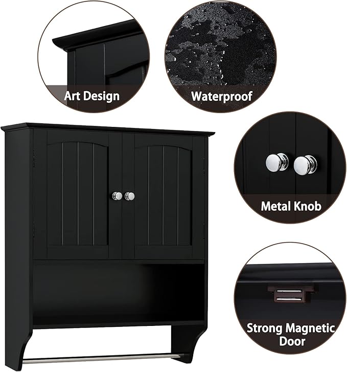 Iwell Bathroom Cabinet Wall Mounted with Adjustable Shelf & Towel Rack, Over The Toilet Storage Cabinet, Medicine Cabinet for Bathroom, Laundry Room, Black