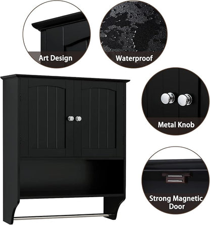 Iwell Bathroom Cabinet Wall Mounted with Adjustable Shelf & Towel Rack, Over The Toilet Storage Cabinet, Medicine Cabinet for Bathroom, Laundry Room, Black