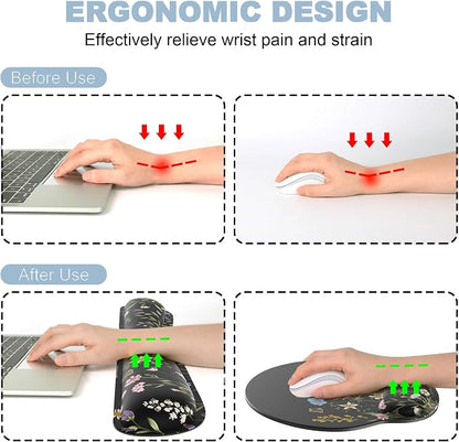 Ergonomic Mouse Pad with Wrist Rest and Keyboard Wrist Rest, Memory Foam Wrist Rest for Computer Keyboard, Easy Typing, Pain Relief, Black Mouse Pad Wrist Support for Gaming,Office, Laptop, Floral