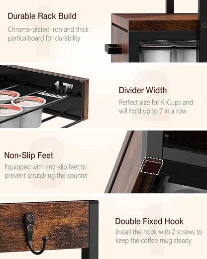 Evermagin K Cup Holder, 35 Pod Capacity, Coffee Pod Holder Compatible with Keurig, Coffee Station Organizer for Countertop with Cup Rack, Rustic Brown