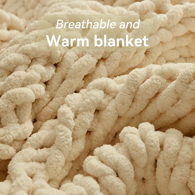 Negwoo Chunky Knit Throw Blanket, 50''*60'' Knitted Throw Chenille Yarn for Bed Couch, Handmade Oatmeal Crochet Big Thick Blanket, Machine Washable Cute Comfy Blanket for Home Decor