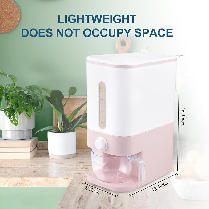 Rubtlamp 22.5-25 Lbs Pink Rice Dispenser, Rice Storage Container, Pink Rice Storage Container with Measuring Cup, Rice Holder Bucket for Household Kitchen Rice Soybean Corn