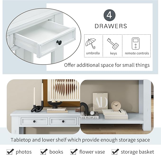 Knocbel Console Table Hallway Sofa Entryway Side Table 63" Long Furniture with 4 Drawers and Bottom Shelf for Living Room Home Decor, New Antique White