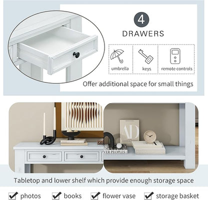 Knocbel Console Table Hallway Sofa Entryway Side Table 63" Long Furniture with 4 Drawers and Bottom Shelf for Living Room Home Decor, New Antique White