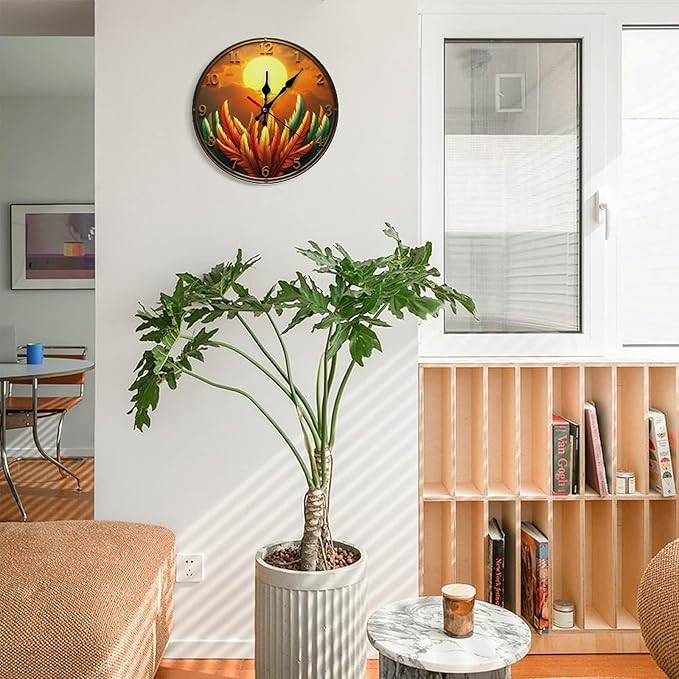 Wall Clock， Sunset Feather Bohemian Non Ticking Wall Clocks Battery Operated， Gold Wooden Wall Clocks for Kitchen， Living Room， Bedroom， Office Decorative 25 * 25cm