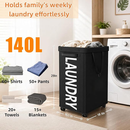 Optish 140L Laundry Hamper with Wheels, Rolling Laundry Basket with Removable Mesh Bag, Extra Large Clothes Hamper for Bedroom, Bathroom, Dorm Room Essentials, Black