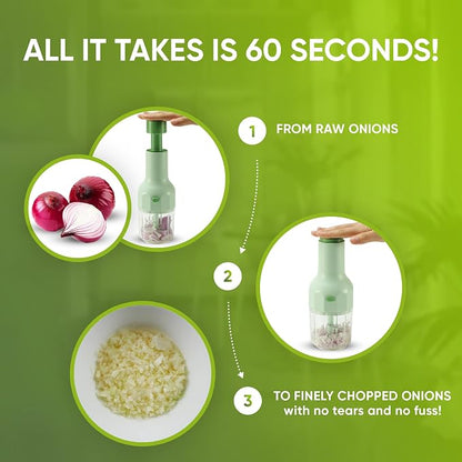 Brieftons Express Small Manual Food Chopper, 2-Cup: Hand Chopper with Container, Push-Down Pump Onion Chopper, Garlic Chopper, Green Veggie Cutter for Salsa, Salad, Coleslaw, Baby Food, Indian Cooking
