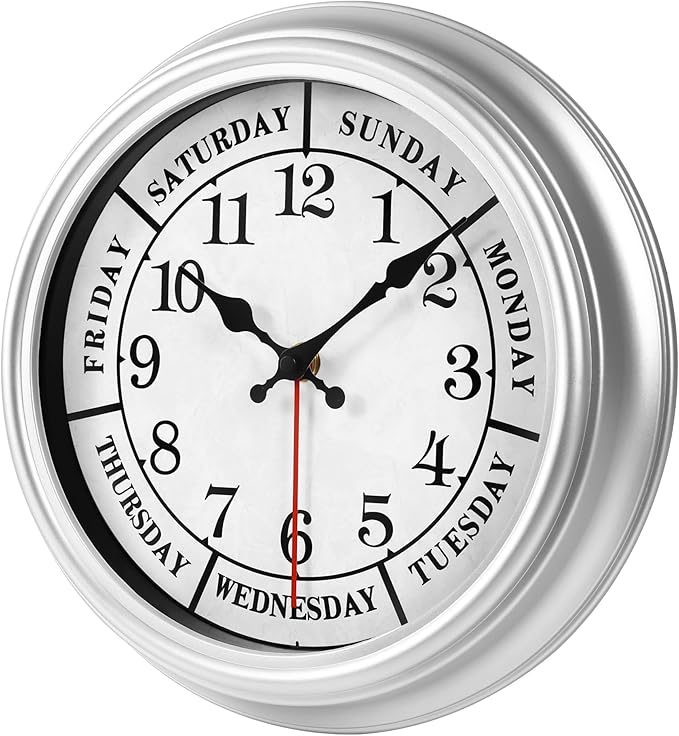 JENLYSTIME 12 Inch Retro Wall Clock,Classic Day of The Week Wall Clock,Silent Non Ticking Battery Operated Movement(Silver)